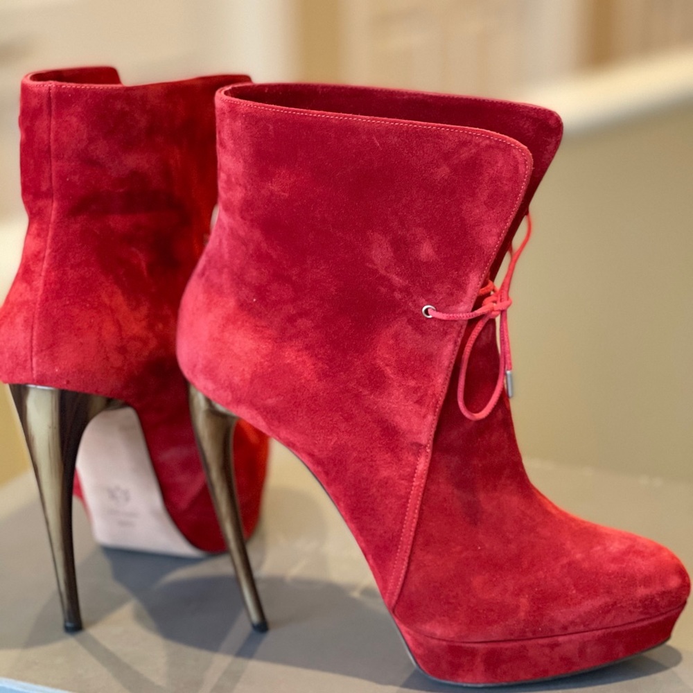 Crimson suede platform ankle boots